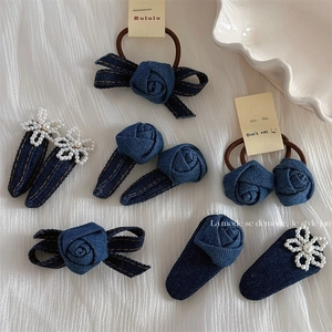 French Vintage Denim Rose Flower Hair Clip Artificial Pearl Bow Hair Tie Sweet Daily Denim Fabric Hair Accessory For Women Girls