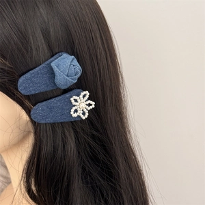 Blue denim rose and faux pearl flower hair clip set for women hair accessory
