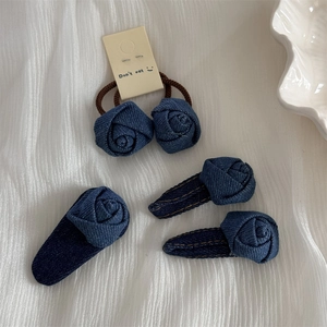Five-piece dark blue denim rose hair clips and elastic hair ties set for women