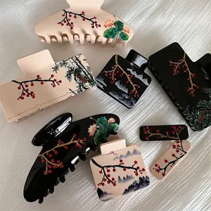 Chinese Style Plum Blossom Hair Claw Acetate Hair Clip Vintage Ink Painting Hair Accessories For Women Party Wedding Hair Decor