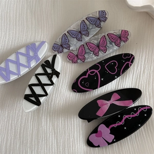 Elegant acrylic oval hair clips with sweet butterfly and bow prints for women and girls