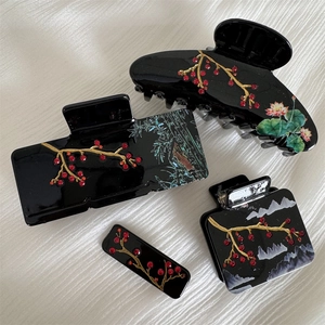 Elegant Chinese style black hair claw clips set with plum blossom and red rhinestones