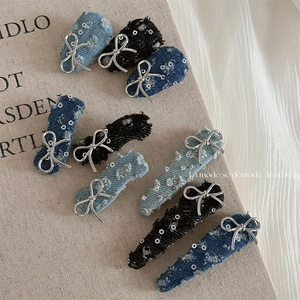 Vintage Denim Bow Hair Clips Women Cool Sweet Y2K Style Sequin Fabric Hairpins Handmade Fringe Side Clips Fashion Accessories