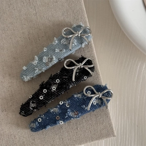 Three-piece denim bow hair clips with sequins in light blue, dark blue and black colors