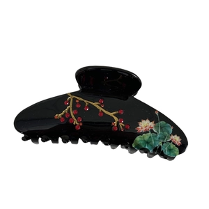 Elegant Chinese style black hair claw clip with plum blossom branches and red rhinestones