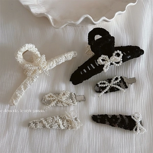 French Vintage Lace Bow Hair Clips With Faux Artificial Pearl Elegant Hair Claws Sweet Black White Pink Barrettes For Women Accessories