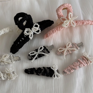 Elegant lace and pearl bow hair clips set including black and pink claw clips and side pins