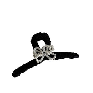 Elegant black lace hair claw with white pearl bow design for women hairstyles