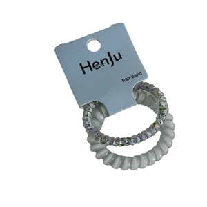 Floral print and solid grey spiral telephone cord hair ties on blue display card