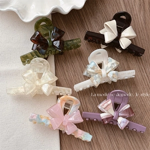French Acetate 3D Bow Hair Claw For Women Elegant Marble Texture Hair Clip Shark Clip Handmade Fashion Styling Accessory
