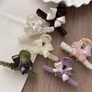 Set of 6 elegant French acetate bow hair claws with marble texture for women