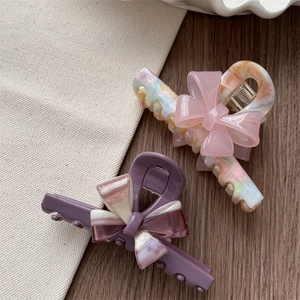 French acetate bow hair claw clips with marble texture for elegant women's hairstyling