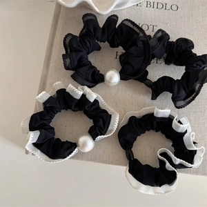 French Style Lace Edge Scrunchies Elegant Faux Artificial Pearl Hair Ties Ruffled Mesh Floral Elastic Hairbands For Women Hair Accessories