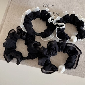 French style 4-piece black elastic hair scrunchies set with lace and pearl details