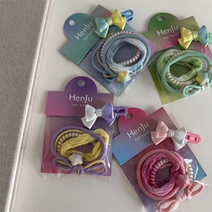 Colorful candy hair tie set with bow clips and pearl elastics for girls' styling