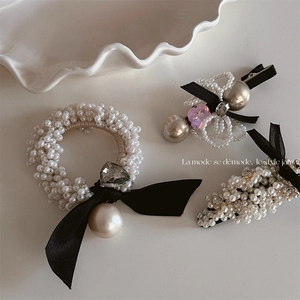 French Vintage Bow Artificial Pearl Hair Clips Elegant Rhinestone Heart Headwear White Black Fabric Scrunchie For Women Girls Accessories