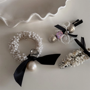 Elegant bow pearl hair ring set with ribbon and rhinestone hair clips for women