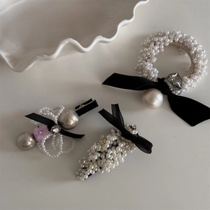 Elegant French style hair accessories set with black ribbon bows and white pearls