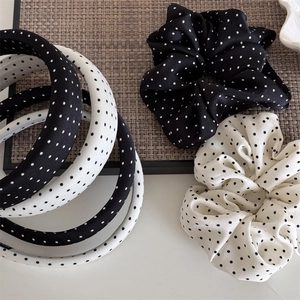 Polka dot satin headband and scrunchie set in black and white retro aesthetic style