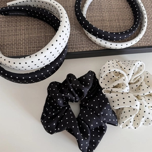 Vintage Korean Polka Dot Hairband Satin Scrunchie Black White Fabric Padded Headband Sweet Elegant Women Hair Accessories