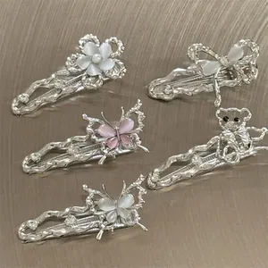 Pince à Cheveux Papillon en Métal Liquide Y2K Alliage Strass Pierre Précieuse Artificielle Pince à Bec de Canard Style Coréen Femme
