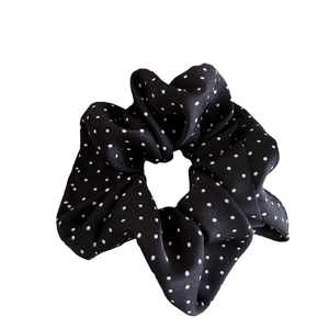 Classic black and white polka dot oversized satin scrunchie with elastic hair band