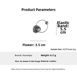 Detail view of silver leather rose hair clip with size dimensions and weight parameters