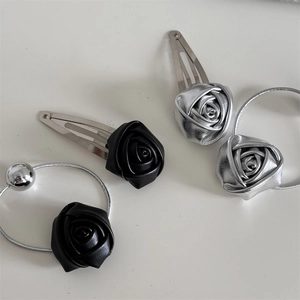 Minimalist leather rose hair clips and elastic ties set in silver and black colors