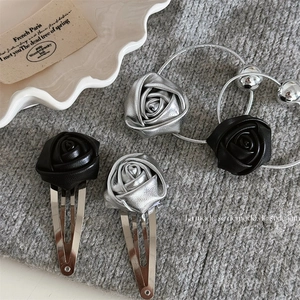 Minimalist Leather Rose Flower Hair Clip Silver Black Snap Clip BB Clip Sweet Cool Style Floral Hairpin Hair Tie For Women