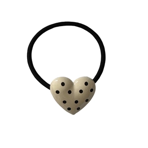 Vintage polka dot heart hair tie with black high-elastic rubber band and cream resin charm