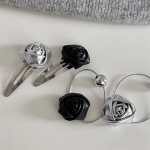 Minimalist leather rose hair clip set with silver and black flower BB pins and hair ties