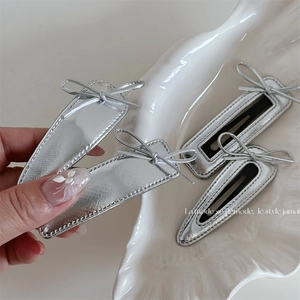 Sweet Silver Metallic Artificial Leather Bow Hair Clips For Girls Women Korean Style BB Clips Fashion Side Hairpins Headwear