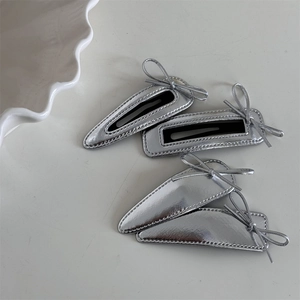 Silver leather bow hair clips set with metallic finish and embroidery for girls
