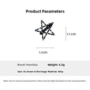 Star shaped black hair clip with colorful dots and dimension data on white background