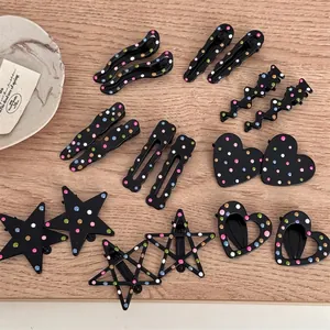 Korean Style Black Hair Clips With Colorful Polka Dots Alloy Heart Star Shape Bangs Clips For Women Girls Hair Accessories