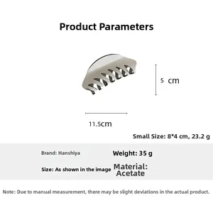 Detail view of acetate hair claw clip showing dimensions 11.5cm x 5cm and weight 35g
