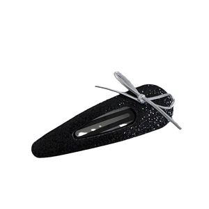 Sparkly black glitter snap hair clip with silver bow decoration for women