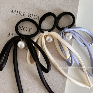 Elegant French Satin Bow Hair Scrunchie Long Ribbon Artificial Pearl Pendant Elastic Hair Tie For Women Stylish Hair Accessories