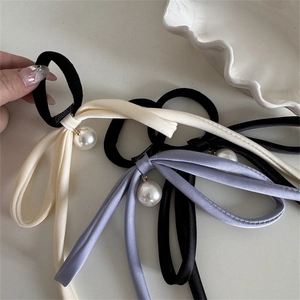 French style satin ribbon hair scrunchies with elegant pearl pendants in three colors