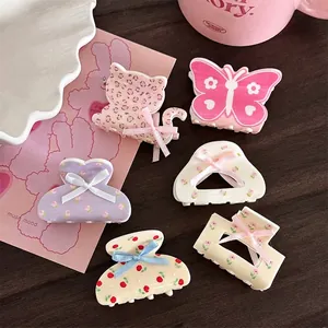 Pince à Cheveux Coréenne Douce à Nœud Floral pour Femmes Filles Mignonne Forme de Papillon Chat en Résine Imprimé Léopard Accessoires Cheveux