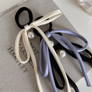 Elegant satin bow hair ties with large pearls in white, black and lavender colors