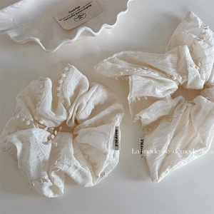 Cream White Fabric 3D Dot Scrunchies French Vintage Pleated Hair Tie Large Bow Hair Ring For Women Fashion Hair Accessories