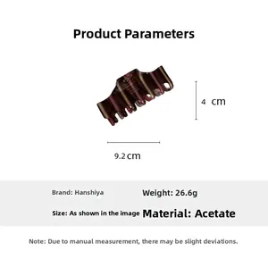 Detailed size chart for acetate hair claw clip showing 9.2cm length and 26.6g weight