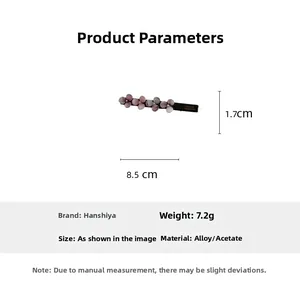 Detail view of purple acetate flower hair clip showing 8.5cm length and 7.2g weight specs