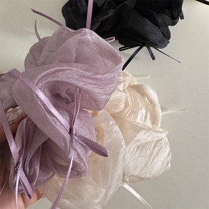 French style organza scrunchies with ribbons in purple, beige and black colors