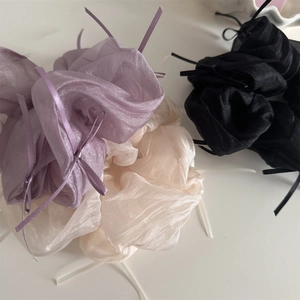 French style oversized organza scrunchies with ribbons in purple, cream, and black