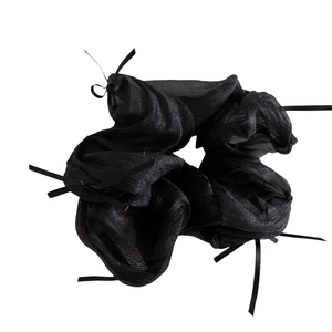 French style oversized black sheer mesh scrunchie with delicate ribbon bow accent