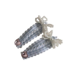 Blue plaid ribbon hair clips with pearl bows and pink heart crystals for women