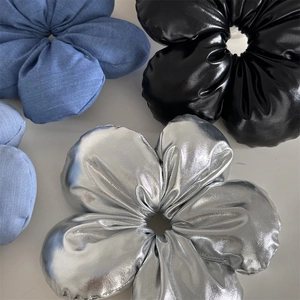 Chic 3D oversized flower scrunchies in denim, black leather and silver metallic fabric