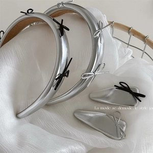 Metallic Silver Synthetic Leather Bowknot Headband Korean Sweet Cool Padded Hair Hoop Non-Slip Hair Clips For Women
